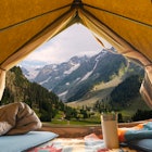 Inside of tent looking out to beautiful mountain vista