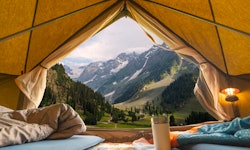 Inside of tent looking out to beautiful mountain vista