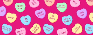 candy hearts with various messages, both good and bad