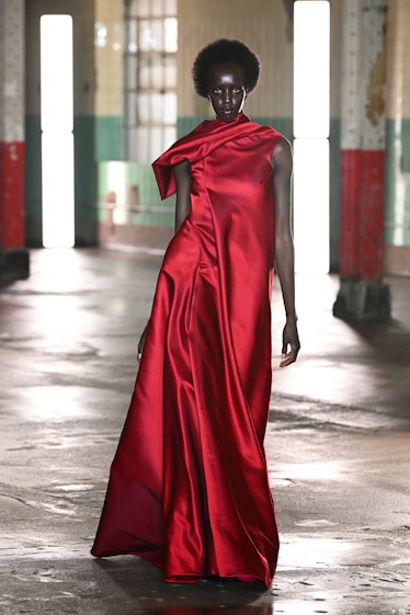 A model walks the runway at the Fashion East show during London Fashion Week February 2023 on Februa...