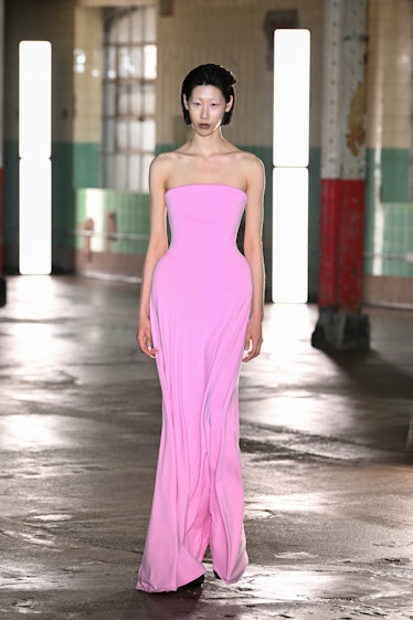 A model walks the runway at the Fashion East show during London Fashion Week February 2023 on Februa...