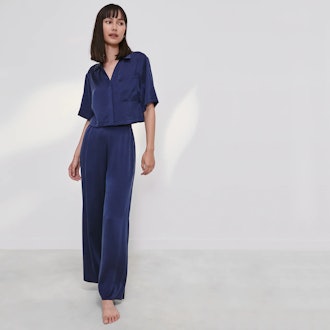 Washable Silk High Rise Pant Set in Deep Blue
