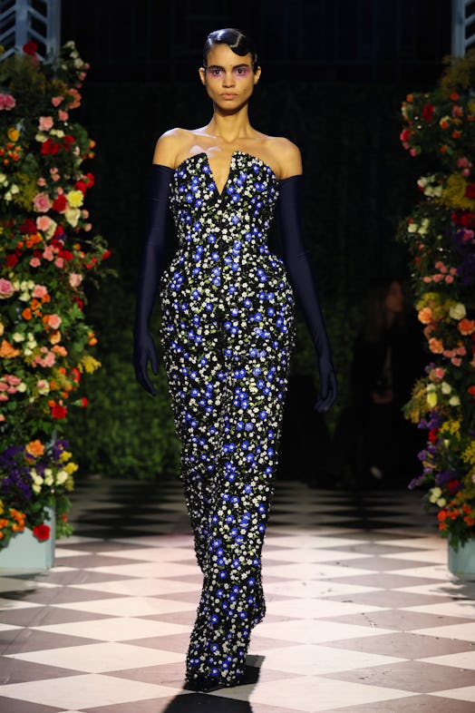 A model walks the runway at the Richard Quinn show during London Fashion Week February 2023 on Febru...