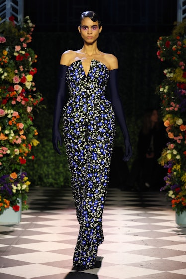 A model walks the runway at the Richard Quinn show during London Fashion Week February 2023 on Febru...