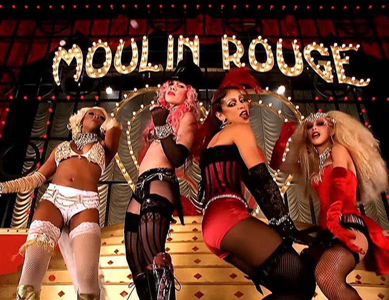 Lil Kim, Pink, Mya, and Christina Aguilera in the 'Lady Marmalade' music video from 'Moulin Rouge' i...