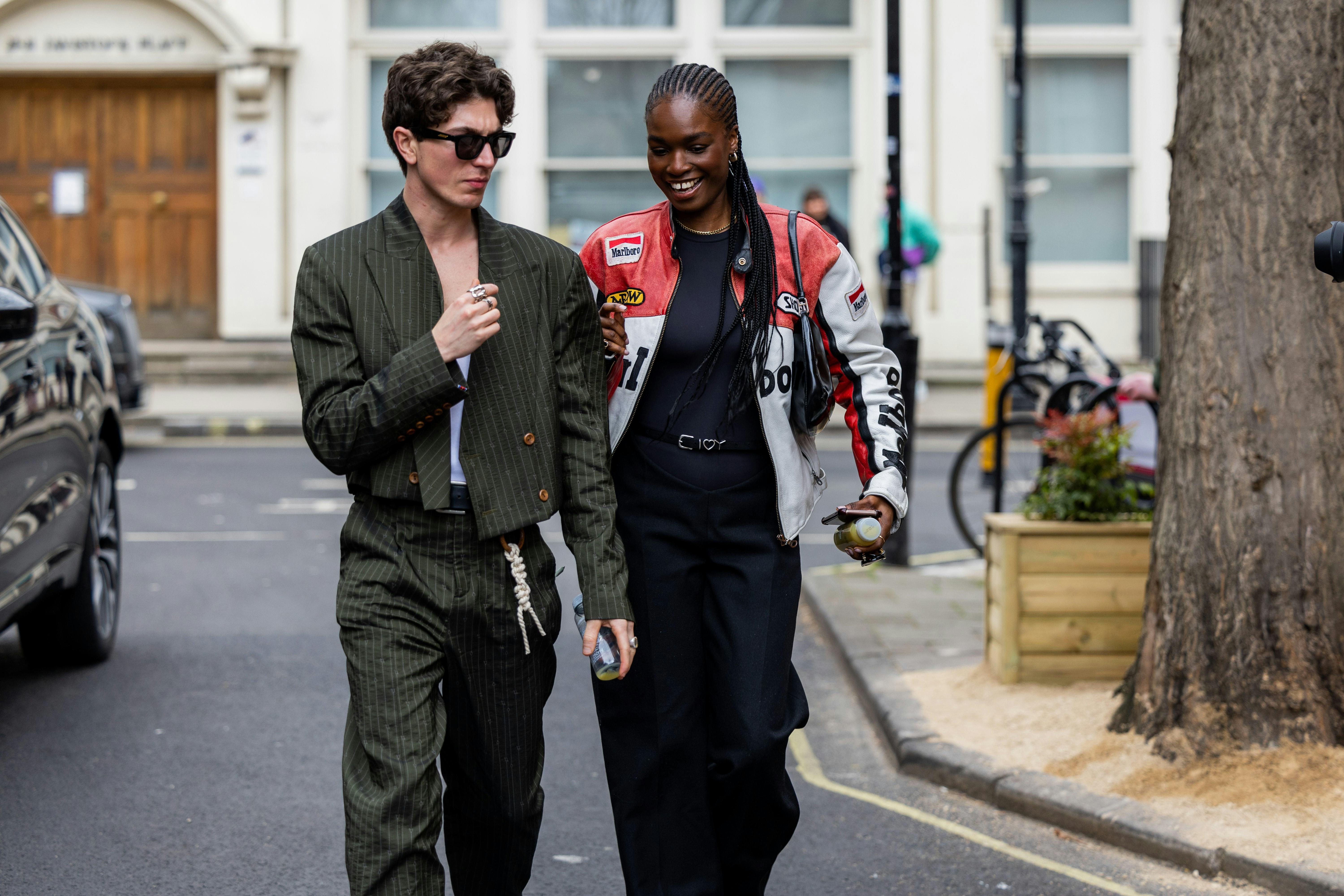 A couple outside 16Arlington during London Fashion Week February 2023 on February 18, 2023 in London...