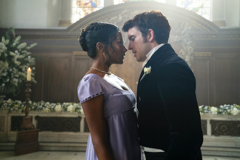 Simone Ashley and Jonathan Bailey as Kate Sharma and Anthony Bridgerton. 
