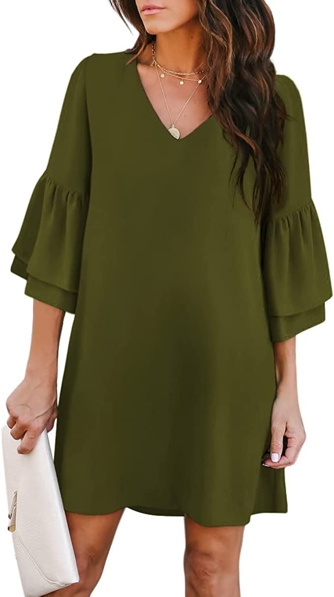BELONGSCI V-Neck Bell Sleeve Mini Shift Dress