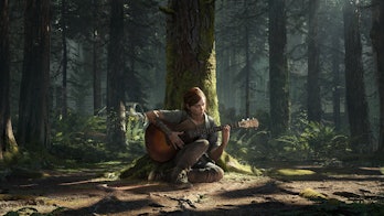 Ellie plays guitar while sitting against a tree in a promo image for 2020's The Last of Us Part 2