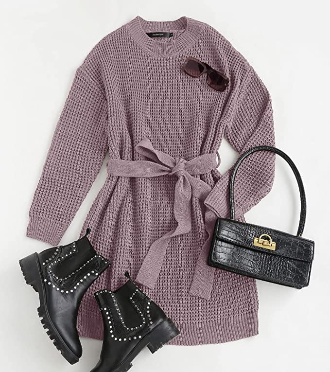 ZESICA Long Sleeve Waffle Knit Tie Waist Tunic Pullover