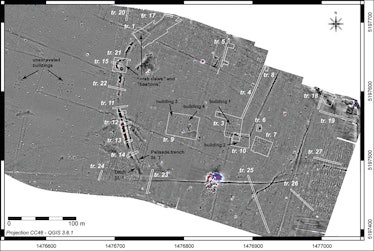 a black, white, and gray map laying out an archaeological site