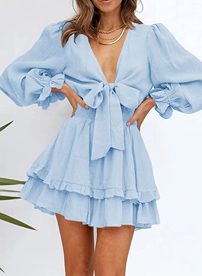 AlvaQ Knot Front Long Sleeve Swing Mini Dress