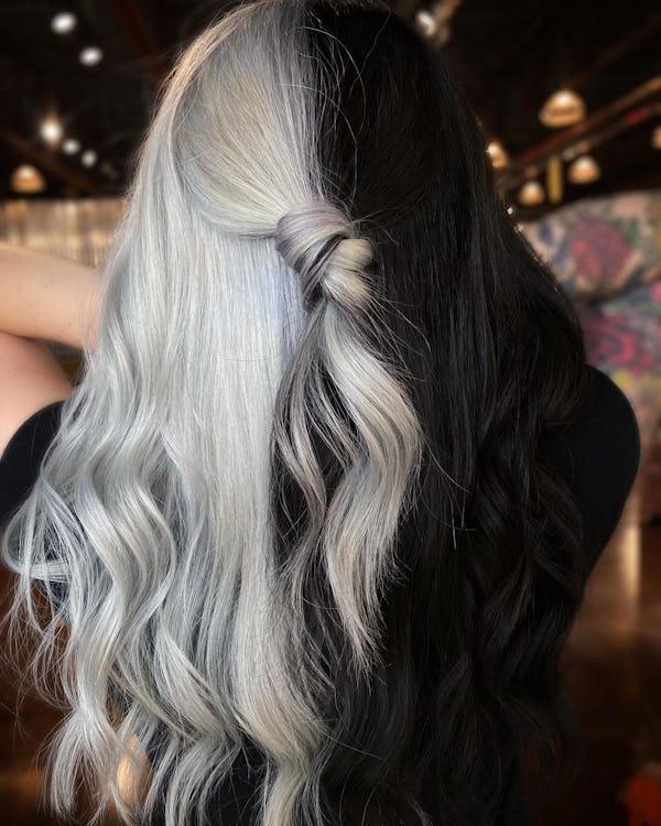 The gemini hair color trend combines two hair colors, like platinum blonde and black.