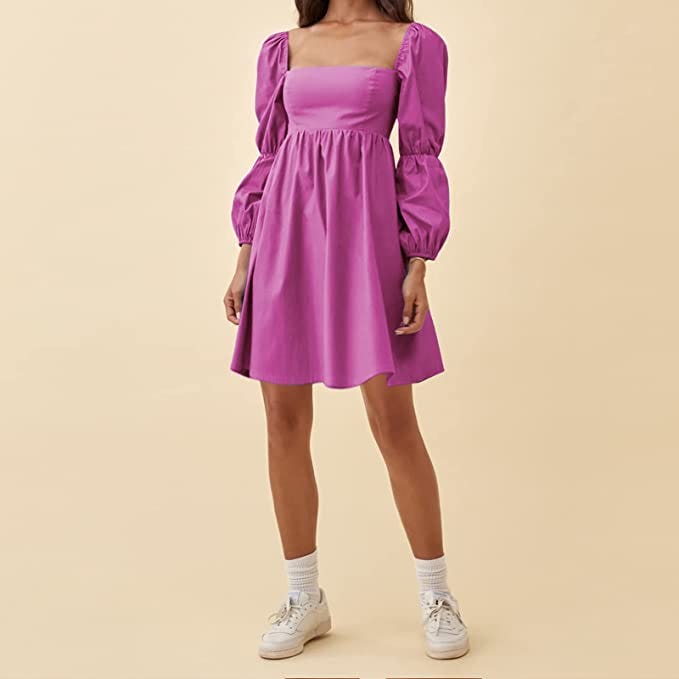 EXLURA Square Neck Puff Sleeve Mini Dress