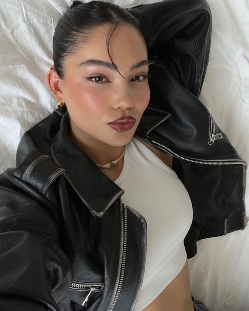amanda khamkaew brushed up eyebrows leather jacket