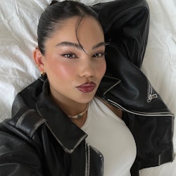 amanda khamkaew brushed up eyebrows leather jacket
