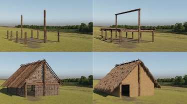 side by side pictures showing the building of a hut from frame to thatch roof