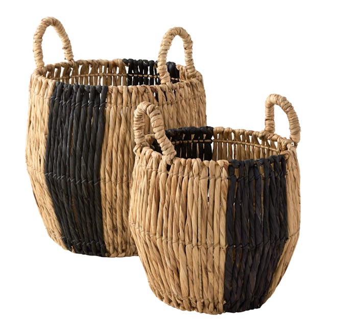 Natural and Black Water Hyacinth Baskets, Set of 2