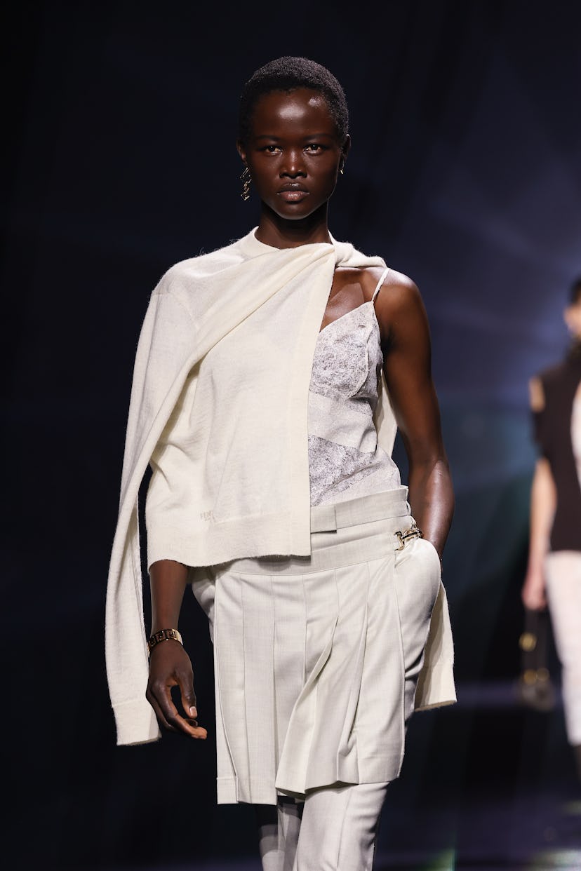 A model walks the runway at Fendi Fall 2023