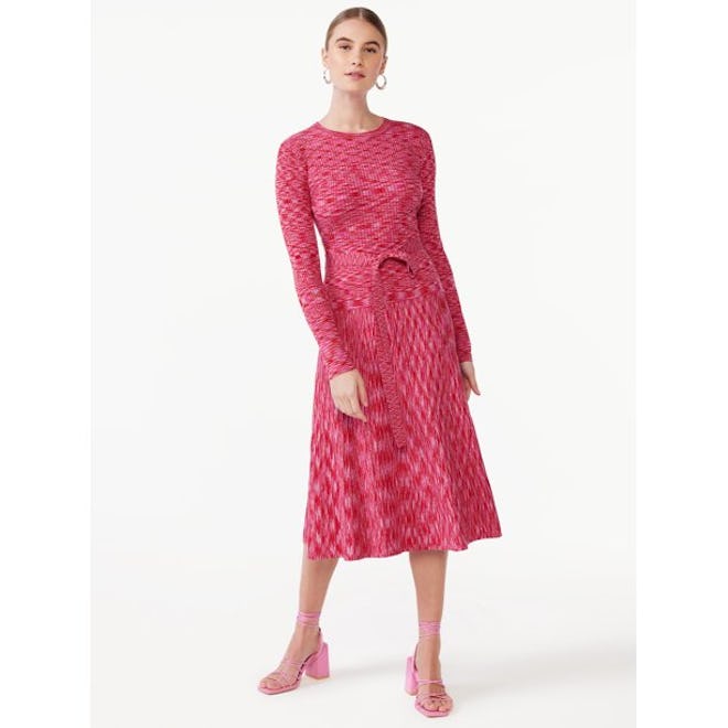 Space Dye Ribbed Midi Dress with Long Sleeves