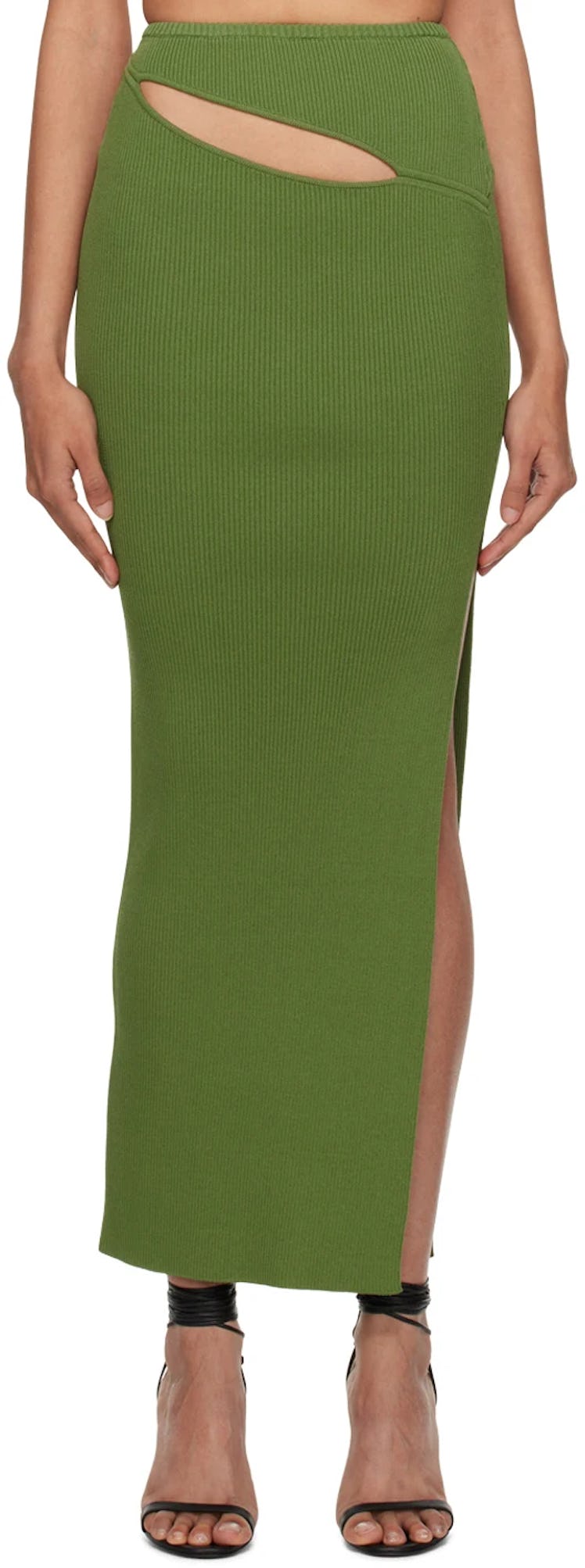 Green Hip Slashed Maxi Skirt