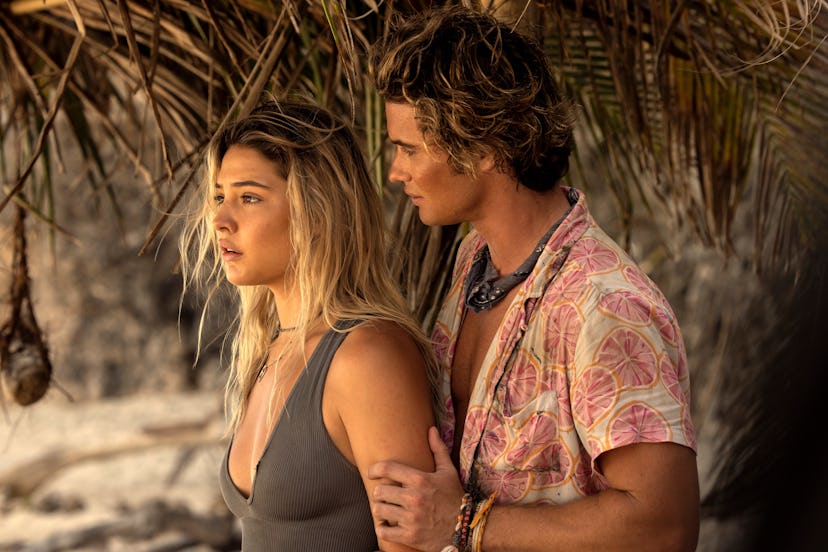 Madelyn Cline as Sarah Cameron, Chase Stokes as John B in ‘Outer Banks’ Season 3, via Netflix’s pres…