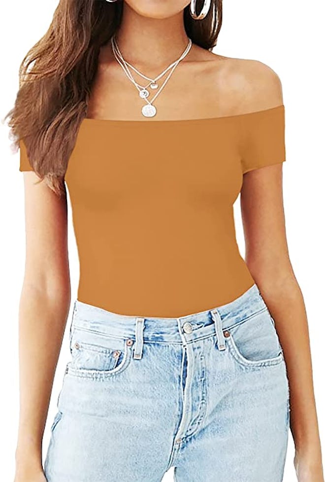 This off-shoulder bodysuit for long torsos is great for going out.