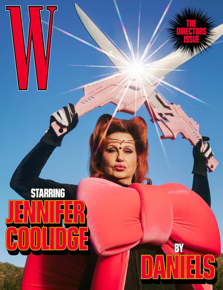 Coolidge wears a Bad Binch TongTong by Terrence Zhou custom bow dress; MAM headpiece; Amina Muaddi e...