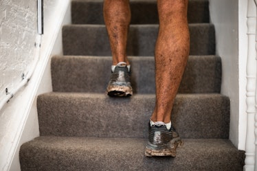 Close up of the calves of a man in sneakers climbing carpeted steps at home.