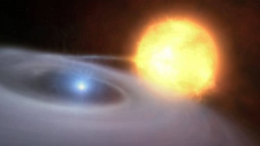 Illustration of a white dwarf feeding off its companion star. 