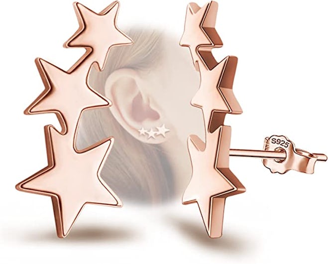 These sterling silver earrings that look like multiple piercings feature multiple stars.