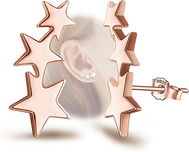 These sterling silver earrings that look like multiple piercings feature multiple stars.