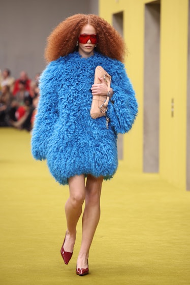 A model walks the runway at the Gucci show during Milan Fashion Week Fall/Winter 2023/24 on February...