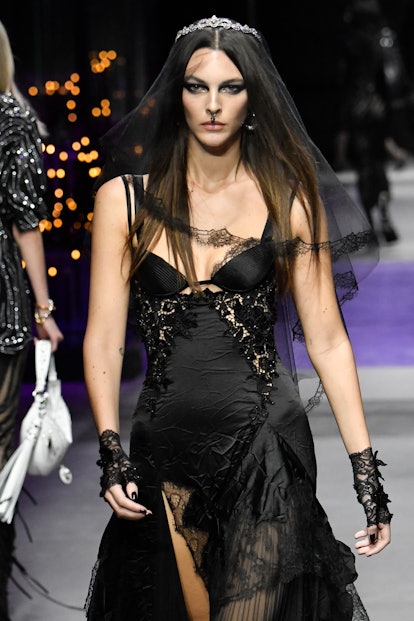 Vittoria Ceretti walks the runway during the Versace Ready to Wear Spring/Summer 2023
