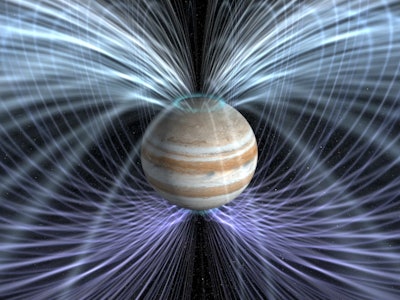 Jupiter with lines radiating out of it representing its energy fields