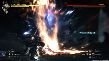A screenshot showing Clive in a battle, with Eikon skill UI visible in the bottom-right corner.