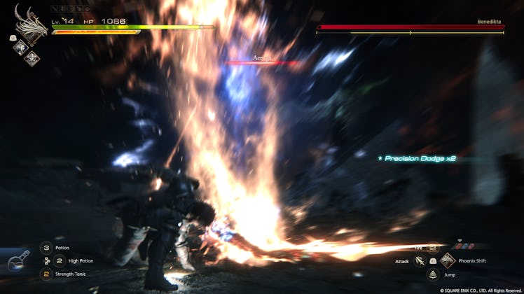 A screenshot showing Clive in a battle, with Eikon skill UI visible in the bottom-right corner.
