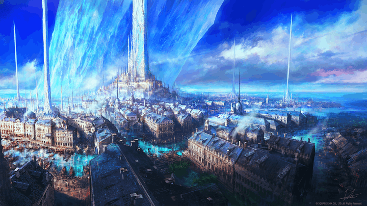 Key art featuring a majestic city surrounded by a large swath of crystal.