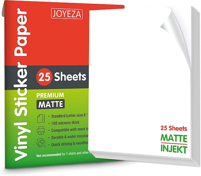 JOYEZA Premium Printable Matte Vinyl Sticker Paper, 25 Sheets