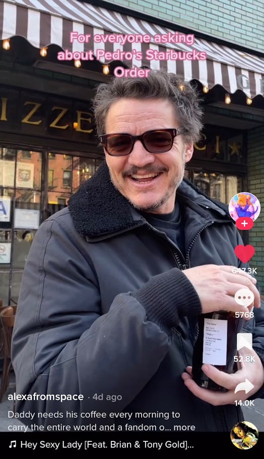 Pedro Pascal's go-to Starbucks drink can be seen on his cup, which is six shots of espresso. 