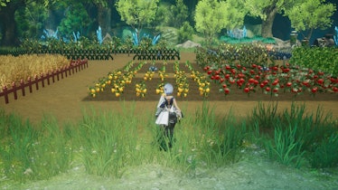 Female protagonist standing next to field of crops in Harvestella