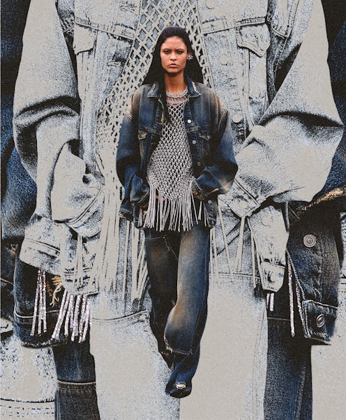 A model wears a denim jacket on top of baggy denim jeans, demonstrating the denim trend's explosive ...
