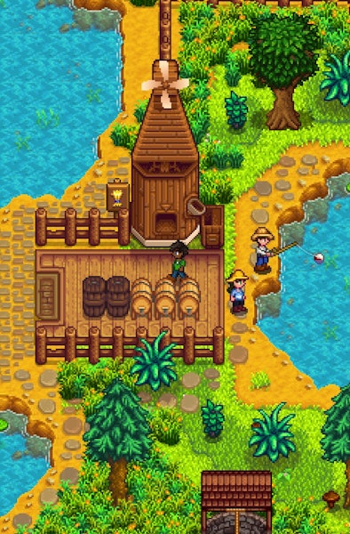 Stardew Valley players fishing near lake with mushrooms