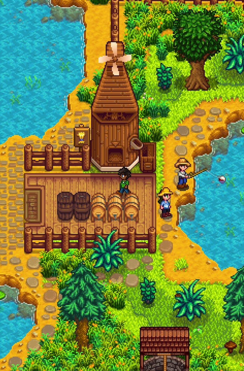 Stardew Valley players fishing near lake with mushrooms