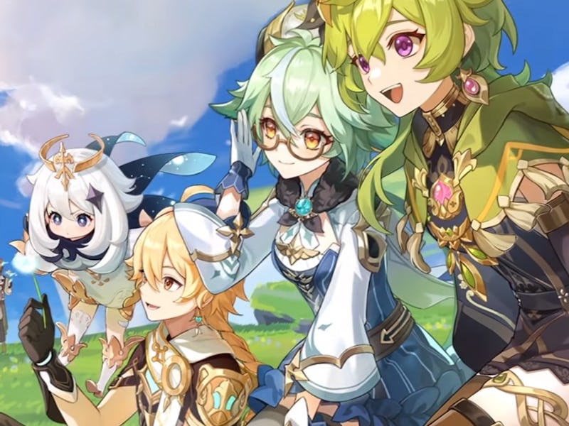 Collei, Sucrose, Paimon, and the Traveler sitting on a hill