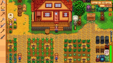 Stardew Valley farmer in front of house and fields