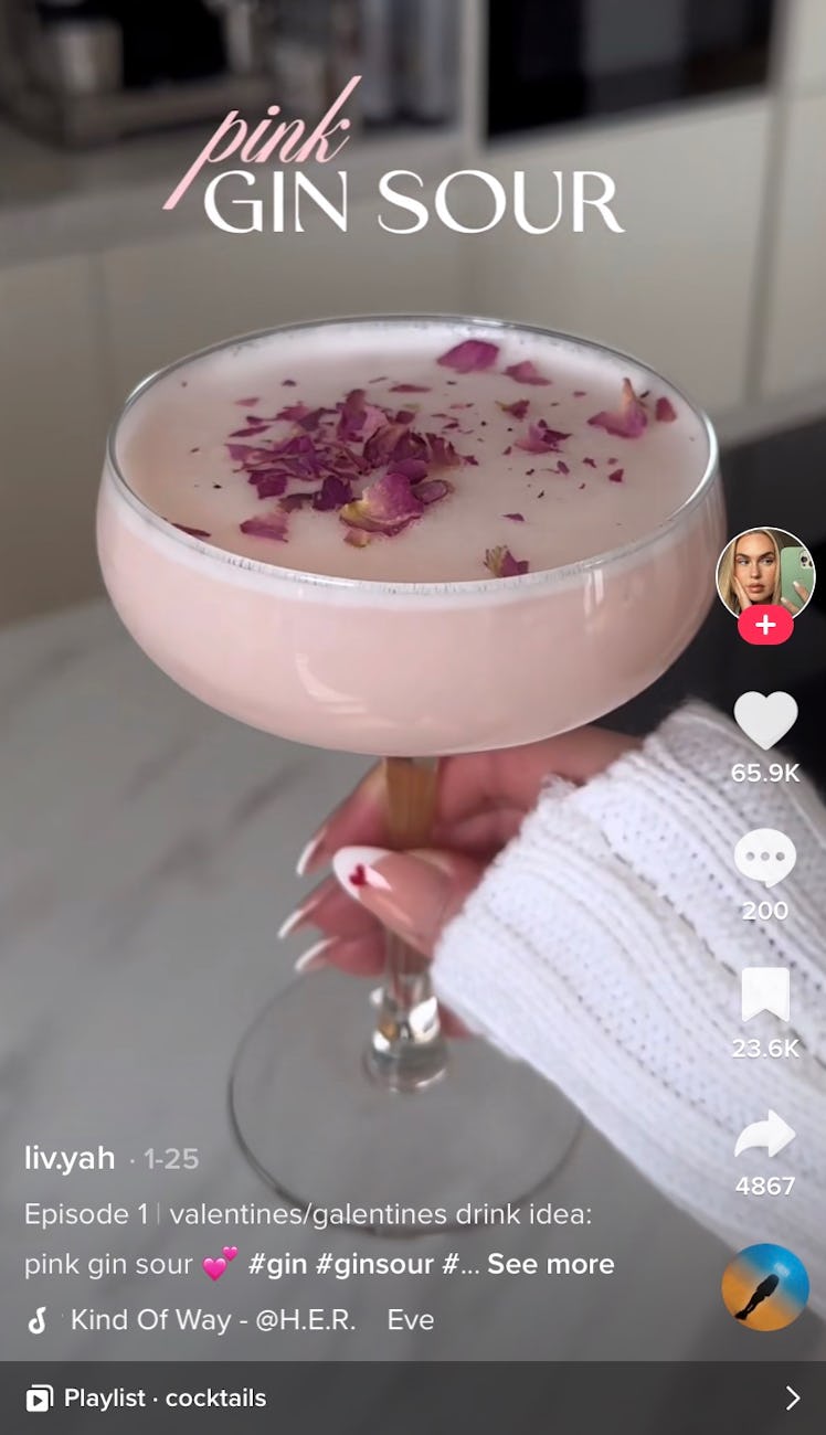 This sour gin cocktail from TikTok is a pink Valentine's Day cocktail recipe to try. 