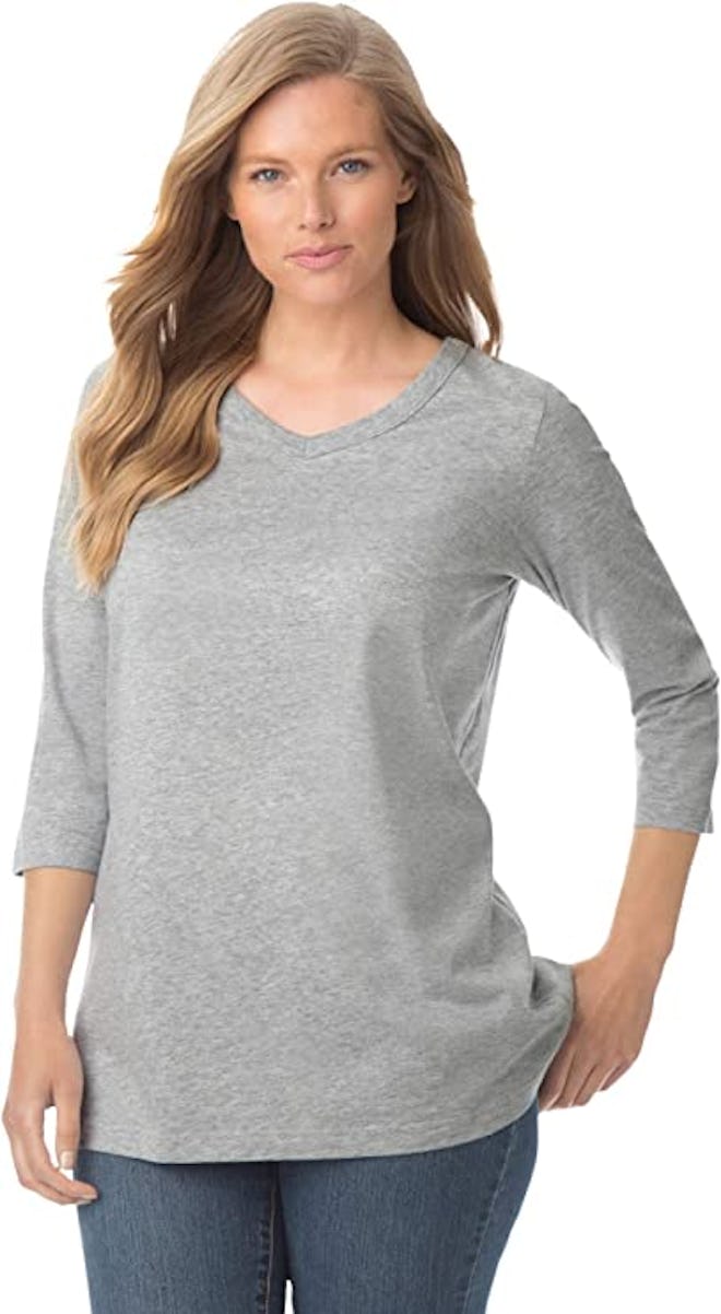 Woman Within Perfect Three-Quarter Sleeve V-Neck Tee Shirt