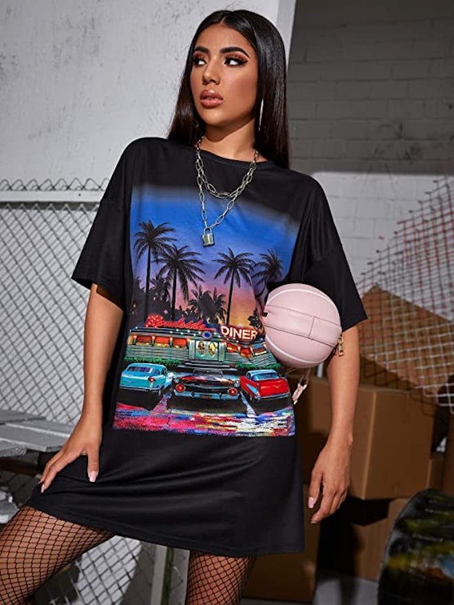 SOLY HUX Graphic Print Loose T-Shirt Dress