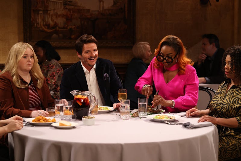 Pedro Pascal breaks into laughter during the "Lisa from Temecula" 'SNL' sketch on Feb. 4.